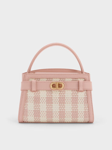 กระเป๋าถือพร้อมหูจับดีไซน์ลายตารางรุ่น Aubrielle, สีชมพูอ่อน, hi-res