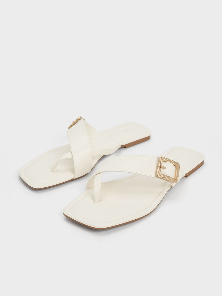Quilted Buckle Thong Sandals, Chalk, hi-res