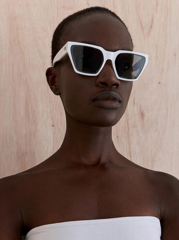 Recycled Acetate Angular Sunglasses, White, hi-res