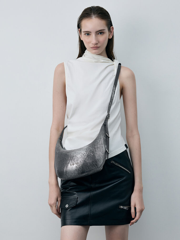 กระเป๋าโฮโบผ้าเดนิมทรงโค้งรุ่น Bryna, สีซิลเวอร์บรัชเดนิม, hi-res