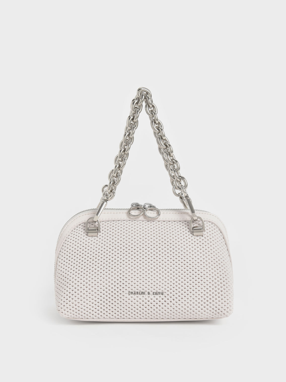 Chain Handle Two-Way Zip Knitted Crossbody Bag, Cream, hi-res