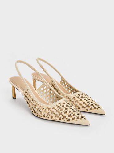 Studded Cut-Out Kitten-Heel Slingback Pumps, Cream, hi-res