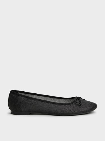 Glittered Mesh Bow Ballet Flats, Black Textured, hi-res