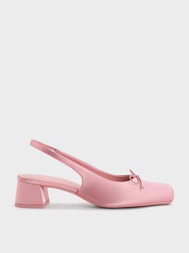 Satin Bow Square-Toe Slingback Pumps, Pink, hi-res