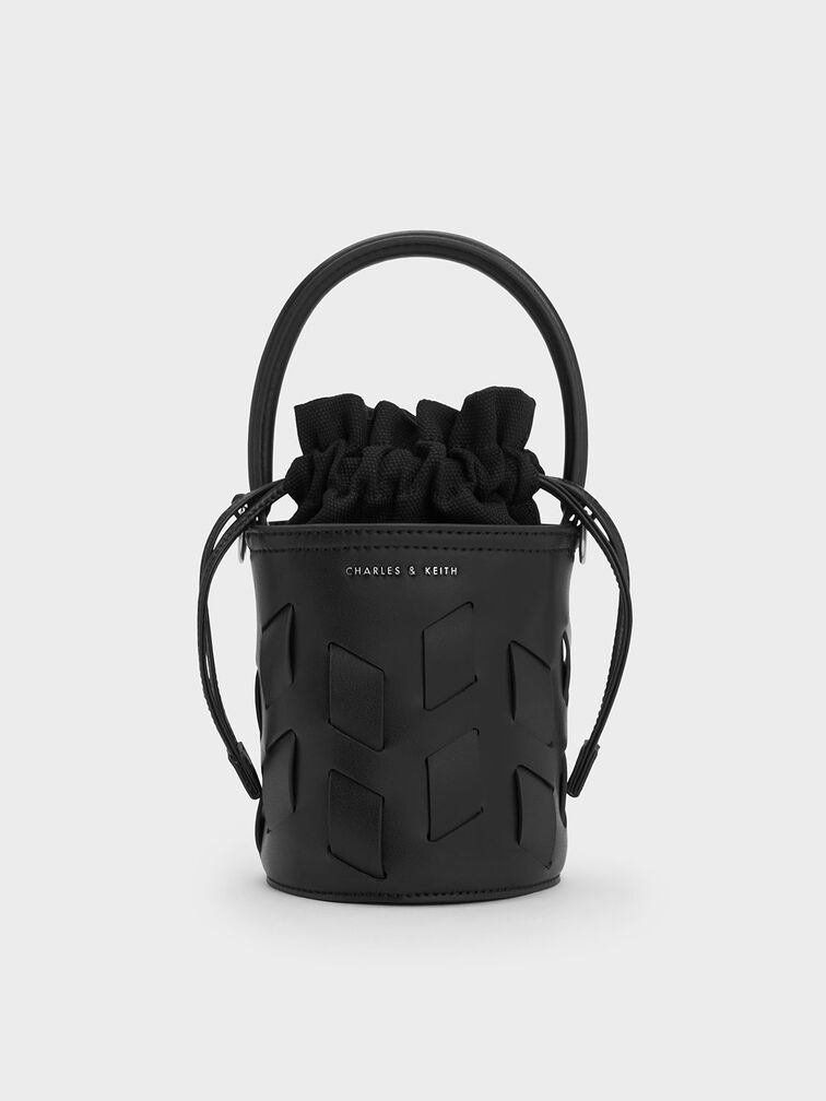 Canvas Panelled Bucket Bag, สีดำ, hi-res