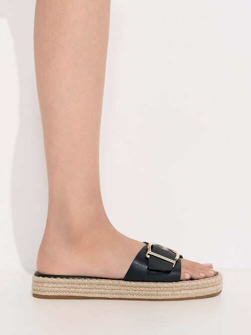 Buckled Espadrille Flat Sandals, สีดำ, hi-res