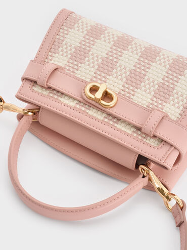 กระเป๋าถือพร้อมหูจับดีไซน์ลายตารางรุ่น Aubrielle, สีชมพูอ่อน, hi-res
