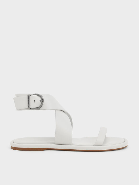Thick Ankle Strap Flat Sandals, White, hi-res