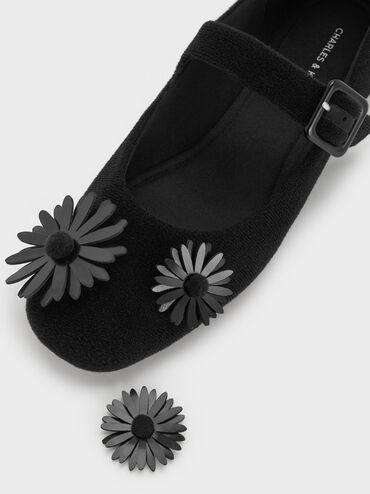 Polly Textured Mary Janes With Floral Charms, Black Textured, hi-res