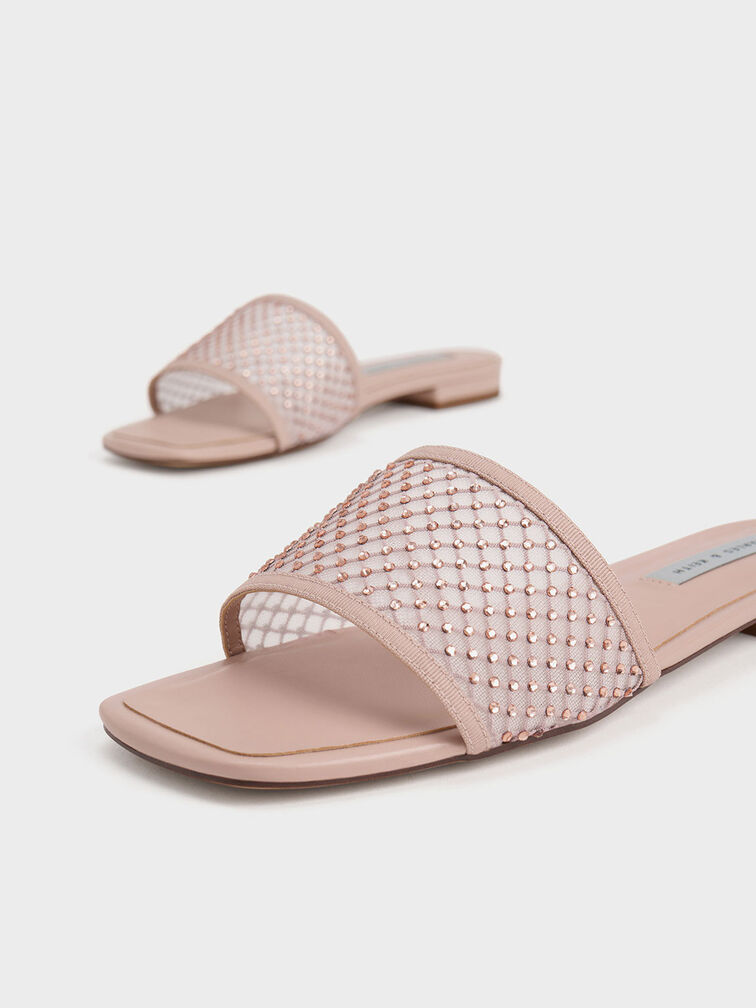 Gem-Encrusted Mesh Slide Sandals, , hi-res