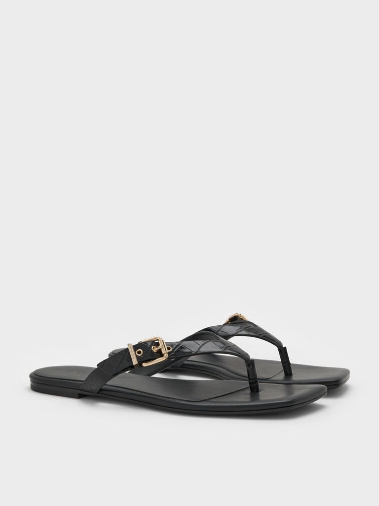 รองเท้าแตะหนีบดีเทลตกแต่งหัวเข็มขัดเอฟเฟกต์ลายจระเข้, สีดำลายพิมพ์สัตว์, hi-res