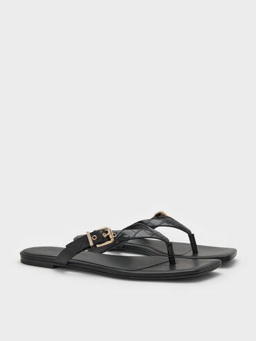 รองเท้าแตะหนีบดีเทลตกแต่งหัวเข็มขัดเอฟเฟกต์ลายจระเข้, สีดำลายพิมพ์สัตว์, hi-res