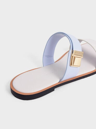 Metallic Buckle Slide Sandals, สีฟ้าอ่อน, hi-res