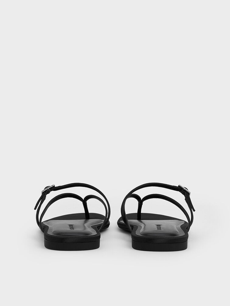 Satin Crystal-Buckle Strappy Thong Sandals, Black Textured, hi-res