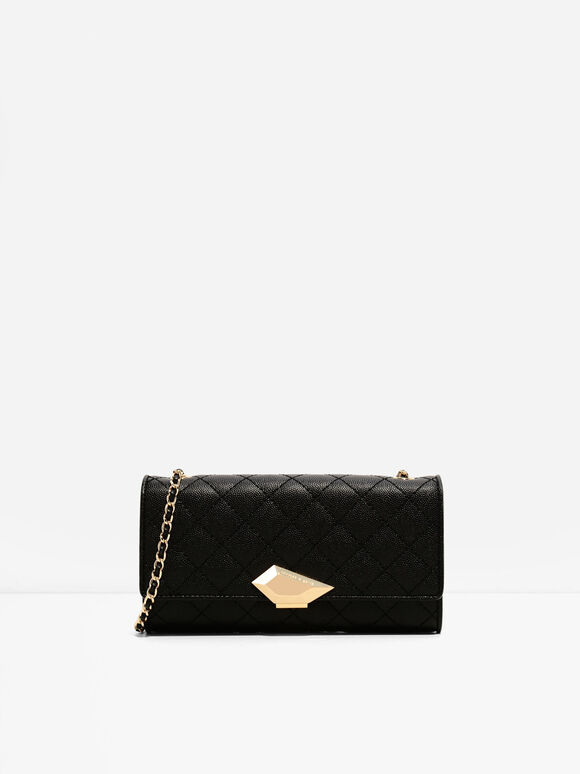 Mini Chain Handle Quilted Wallet, Black, hi-res