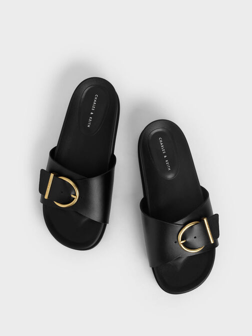 Metallic Buckle Flatform Sandals, , hi-res