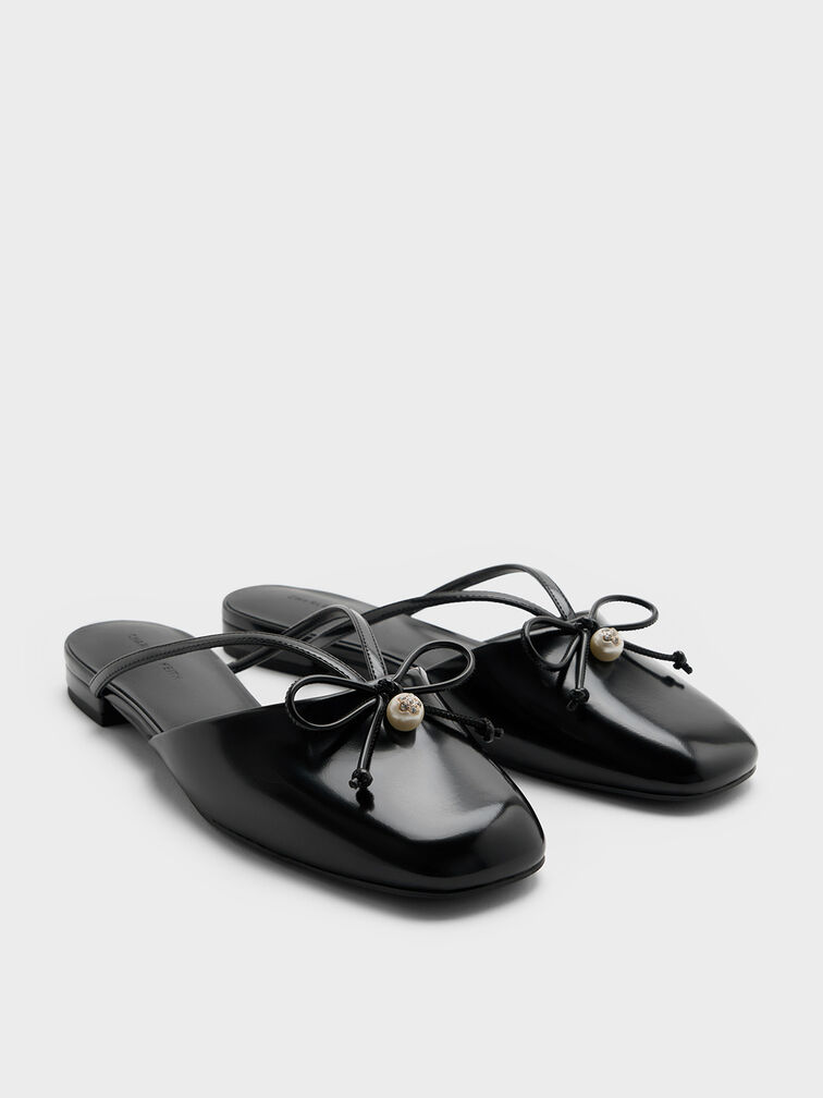 Pearl-Accent Bow Flat Mules, Black Boxed, hi-res