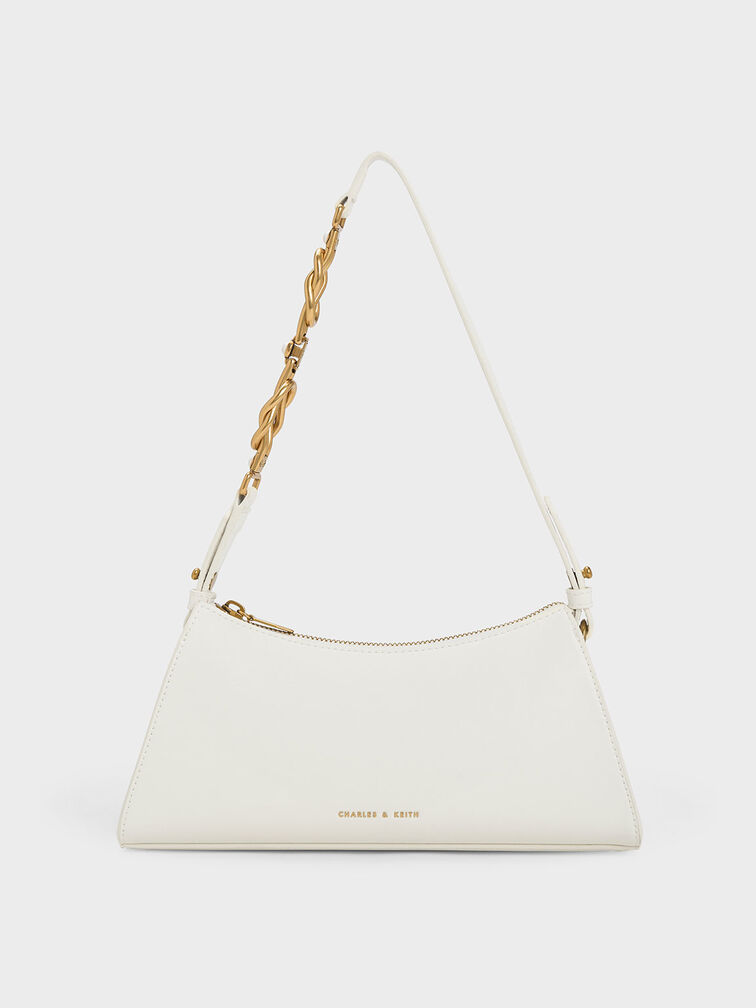 Metallic-Accent Strap Trapeze Bag, White, hi-res
