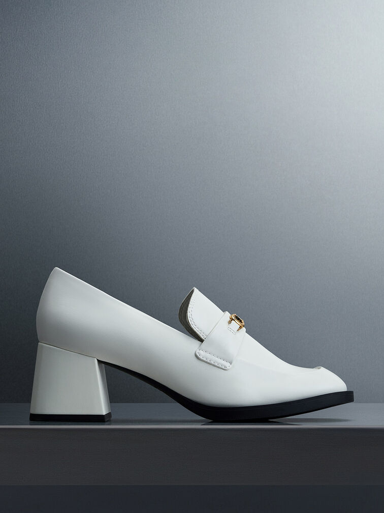 Metallic Accent Block Heel Loafer Pumps, White, hi-res