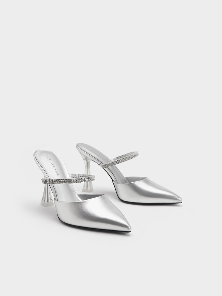 Gem Strap Metallic Mules, สีเงิน, hi-res