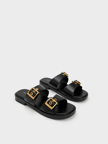 Buckled Double Strap Slide Sandals, Black, hi-res