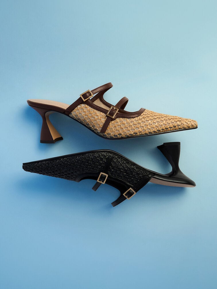 Raffia Sculptural-Heel Pointed Mules, Black Textured, hi-res