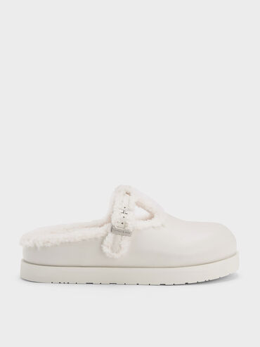 Fur-Trim Buckled Mules, สีชอล์ค, hi-res