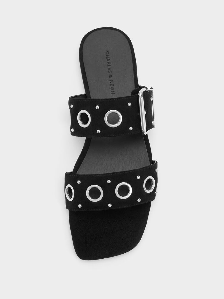 Faux Suede Grommet Buckled Slides, Black Textured, hi-res