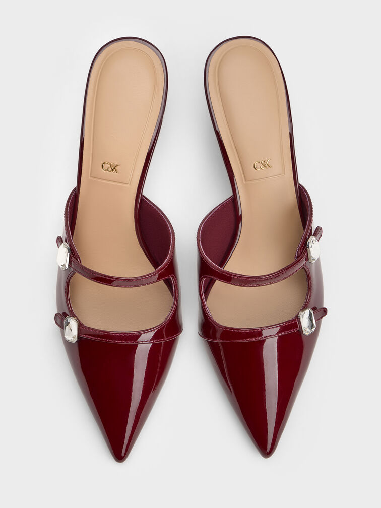 Patent Leather Gem-Buckle Pointed-Toe Heeled Mules, Burgundy, hi-res