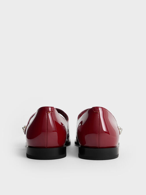 Patent Pearl-Embellished Flower-Buckle Cap-Toe Mary Janes, Maroon, hi-res