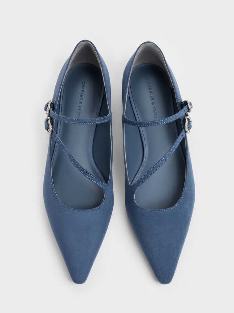 Faux Suede Crystal-Buckle Double-Strap Mary Janes, Blue, hi-res