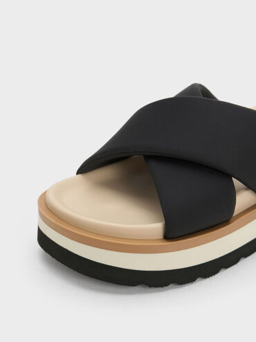 Crossover Platform Slide Sandals, Black, hi-res