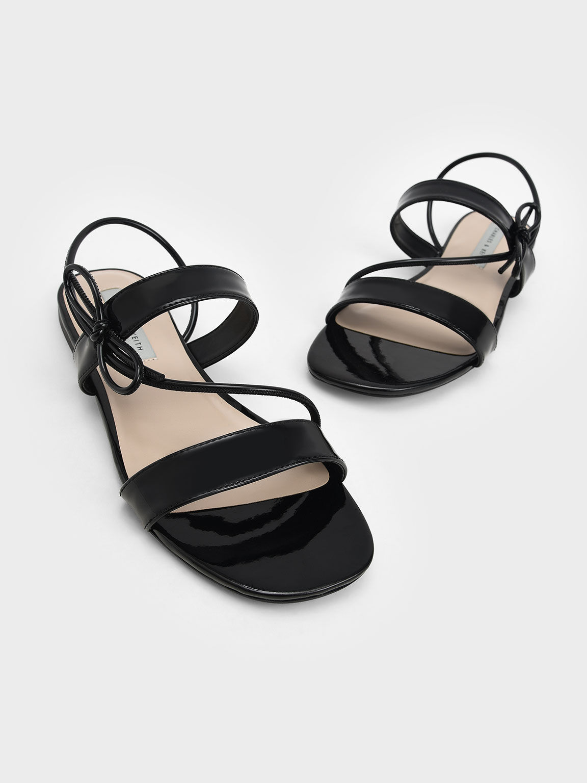 Patent Bow-Tie Flat Slingback Sandals, Black, hi-res