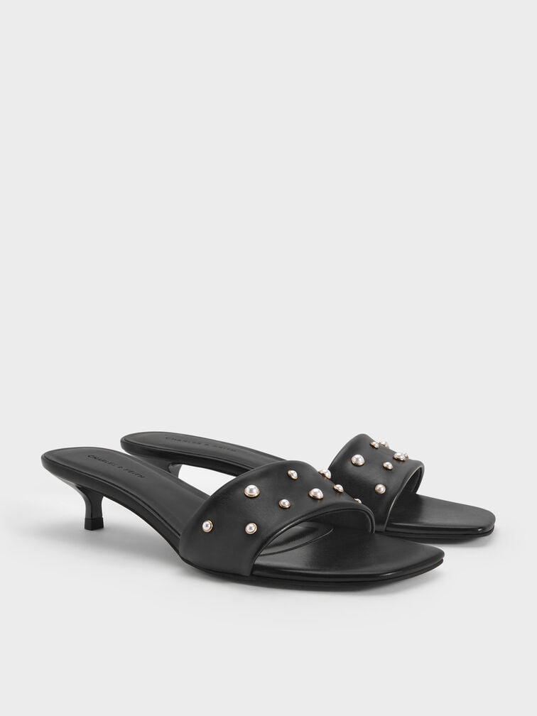 Susie Pearl-Embellished Square-Toe Kitten-Heel Mules, Black, hi-res