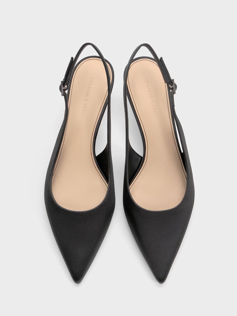 Satin Pointed-Toe Crystal-Heel Slingback Pumps, Black Textured, hi-res