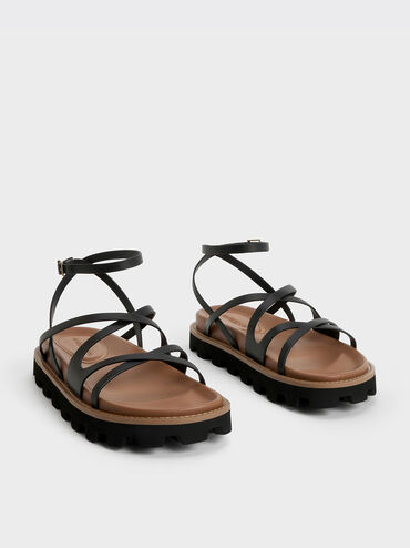 Crossover Ankle-Strap Sandals, Black, hi-res