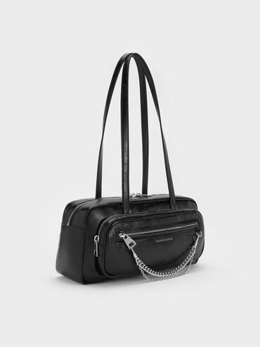 กระเป๋าสะพายไหล่ทรงยาวตกแต่งโซ่รุ่น Atwood, สีดำอะไหล่สีเงิน, hi-res