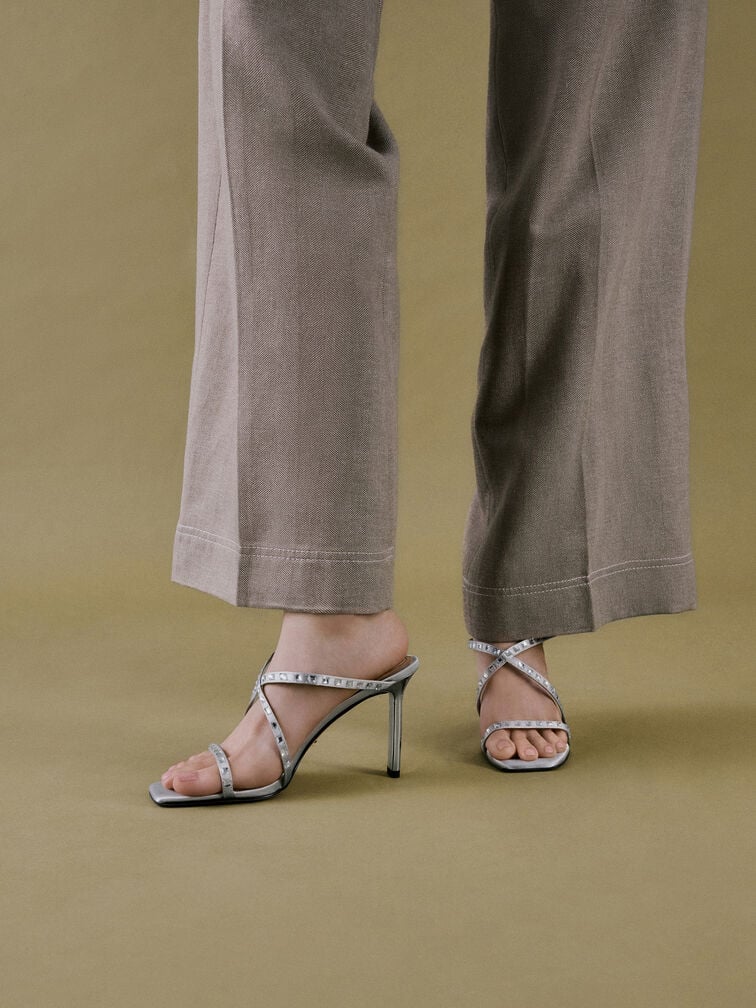 Recycled Polyester Gem-Embellished Strappy Heeled Mules, Silver, hi-res