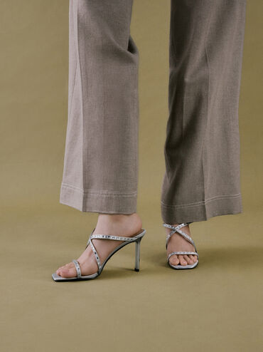 Recycled Polyester Gem-Embellished Strappy Heeled Mules, Silver, hi-res
