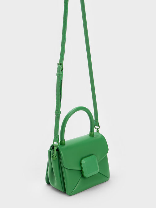 Geometric Push-Lock Top Handle Bag, สีเขียว, hi-res