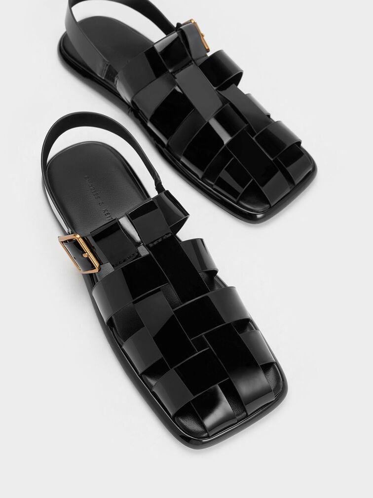 Metallic Buckle Caged Patent Slingback Sandals, , hi-res