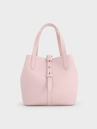 Beryl Recycled Leather Double-Handle Belted Bucket Bag, Cotton Candy Pink, hi-res