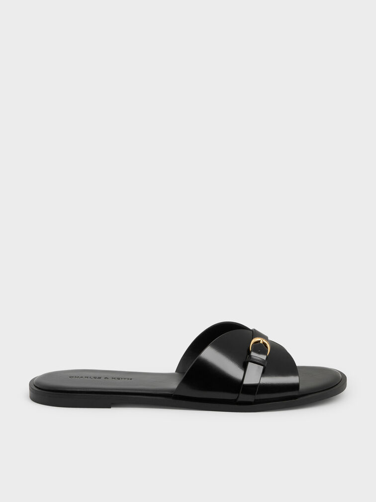Buckled-Strap Slide Sandals, Black Boxed, hi-res