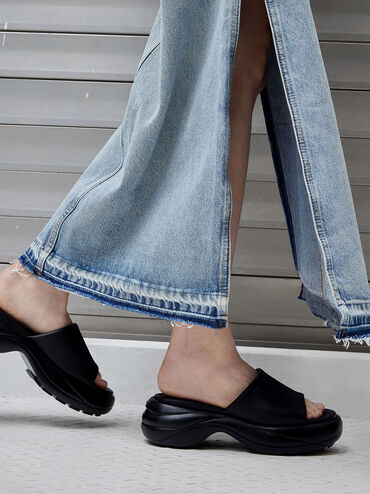 Wide-Strap Curved Platform Sports Sandals, Black, hi-res