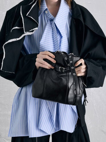 Bryna Belted Bucket Bag, Noir, hi-res