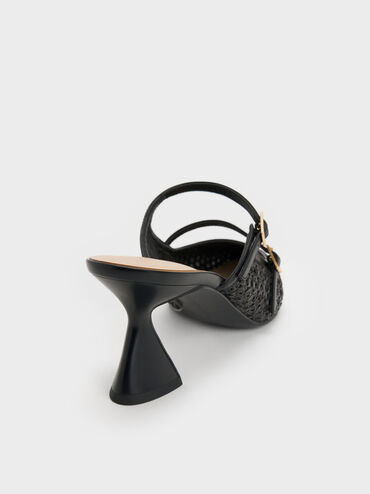 Raffia Sculptural-Heel Pointed Mules, Black Textured, hi-res