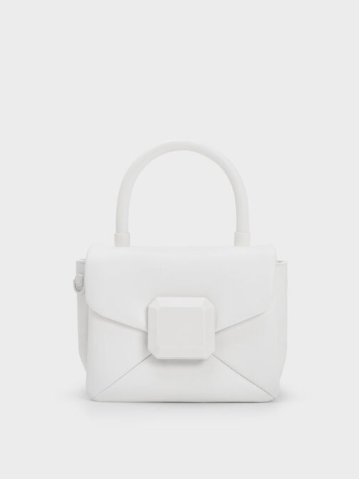Geometric Push-Lock Top Handle Bag, สีขาว, hi-res