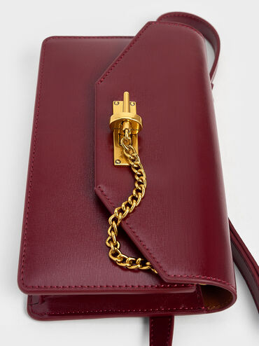 Samantha Envelope Chain-Embellished Crossbody Bag, Burgundy, hi-res