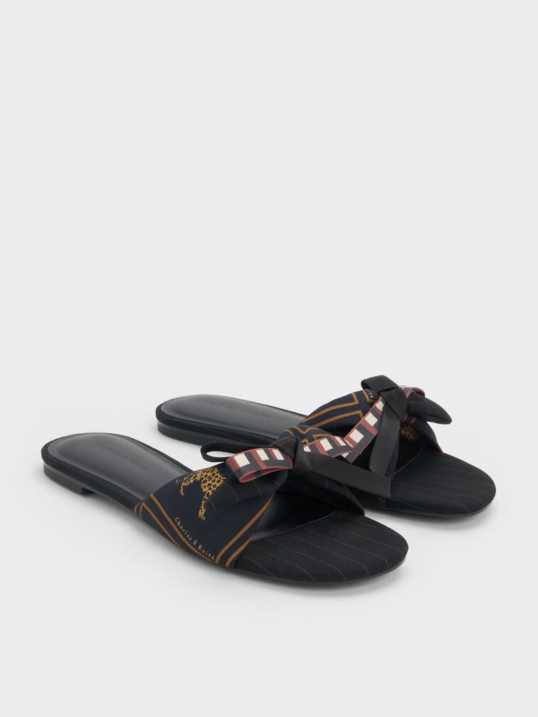 Satin Printed-Bow Slide Sandals, Black Textured, hi-res