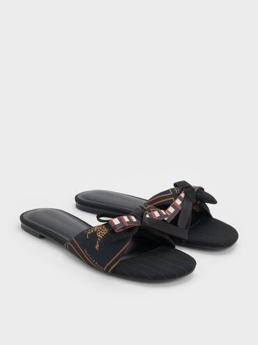 Satin Printed-Bow Slide Sandals, Black Textured, hi-res
